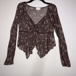 La Peche Cropped Baby Doll Top Brown Floral Lace Long Sleeve Peplum-like Hem XL